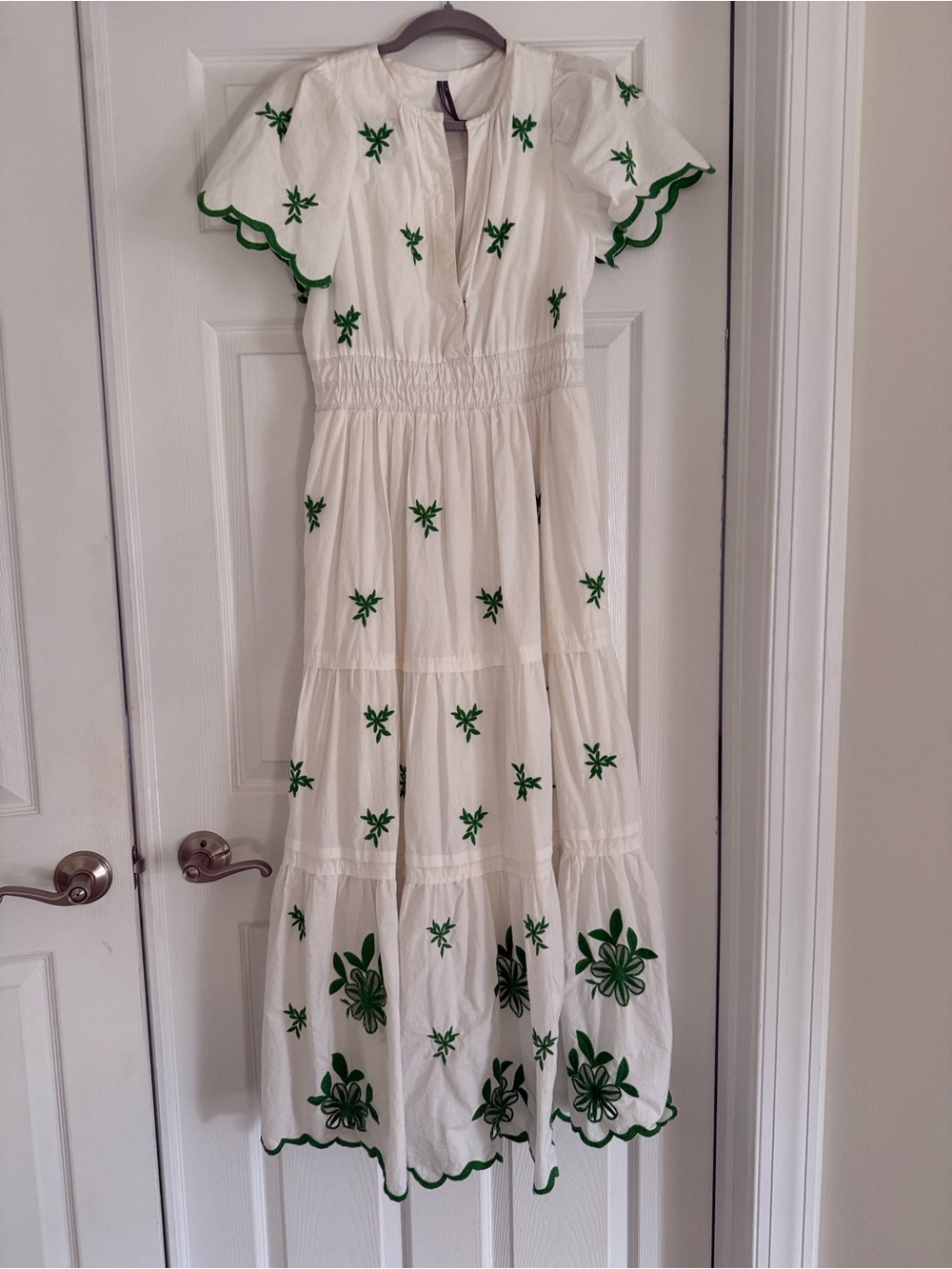 Anthropologie Somerset EyeWhite Maxi Dress with Green Embroidered Floral Accents - Picture 2 of 12